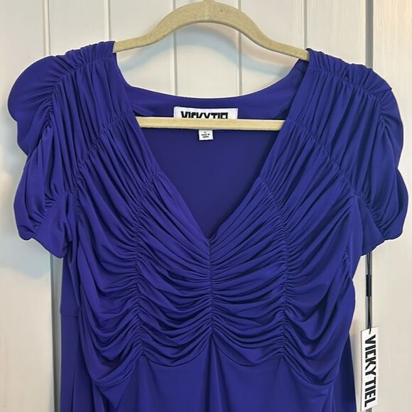 NWT Vicky Tiel Ruched Cocktail Dress Royal Purple Jersey Stretch Size Large - Picture 3 of 12